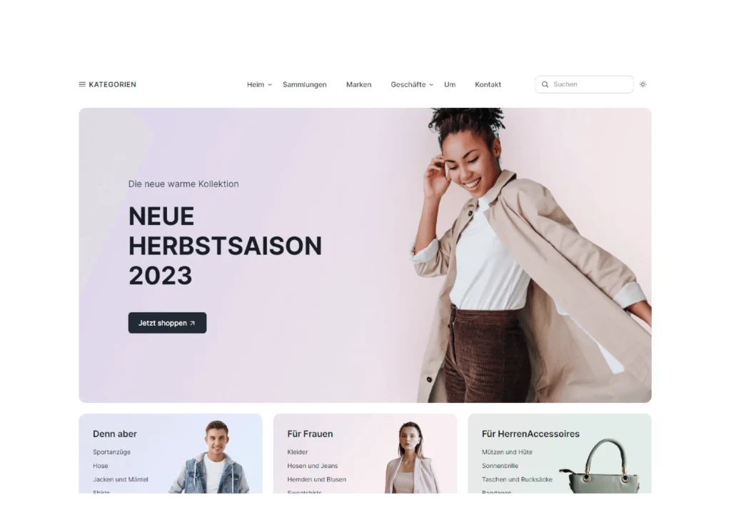 Screenshot eines stilvoll gestalteten Online-Shops, der die neue Herbstkollektion 2023 präsentiert. Links ist der Text „Neue Herbstsaison 2023 – Die neue warme Kollektion“ zu sehen, darunter ein Button mit der Aufschrift „Jetzt shoppen“. Rechts daneben befindet sich ein Foto einer lächelnden Frau in herbstlicher Kleidung, bestehend aus einem beigen Mantel und einem weißen Oberteil. Unter dem Hauptbanner sind weitere Kategorien zu sehen, die Produkte für Männer und Frauen sowie Herrenaccessoires vorstellen.