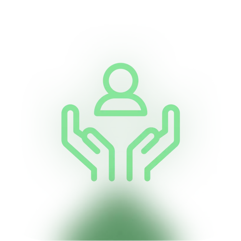 Grünes Symbol mit zwei Händen, die eine Person schützen, das eine persönliche Betreuung symbolisiert.