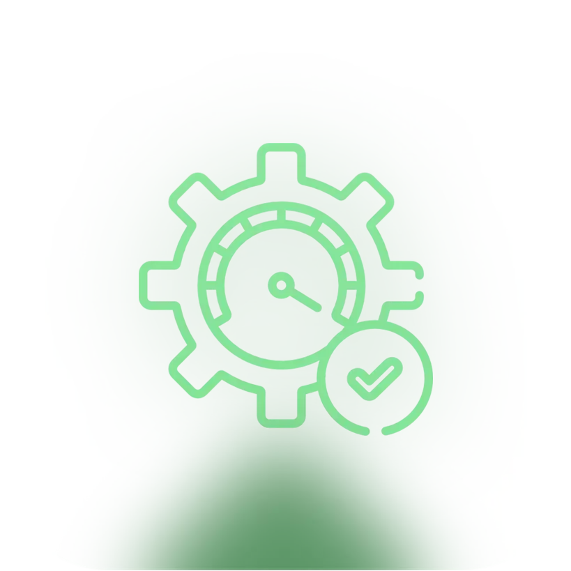 Grünes Zahnradsymbol mit Häkchen, das eine optimierte Leistung symbolisiert.