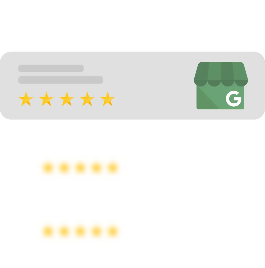 Ein grauer Balken oben zeigt fünf gelbe Sterne, die positive Bewertungen darstellen, neben einem grünen Google-Logo, das einen Google My Business-Eintrag symbolisiert. Darunter weitere Reihen mit gelben Punkten, die ebenfalls Kundenbewertungen darstellen. Begleitender Text ermutigt zur Optimierung des Google My Business-Profils, um Sichtbarkeit und Kundenanfragen zu steigern.