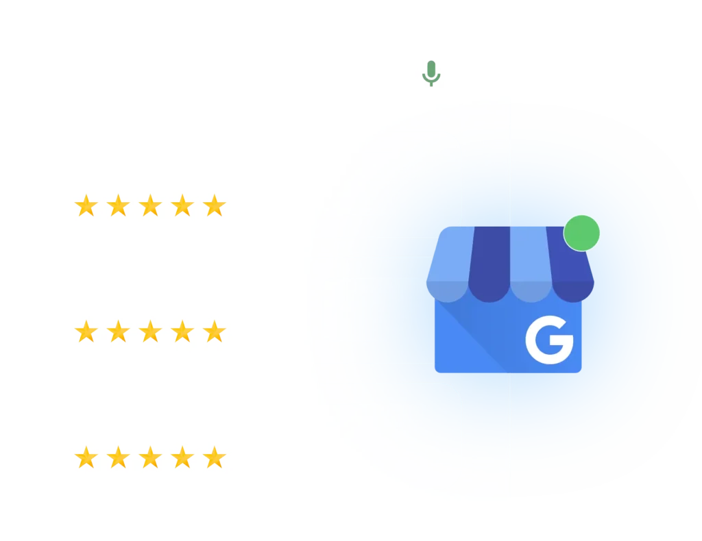 Gelbe Sterne in mehreren Reihen auf der linken Seite, die Kundenbewertungen symbolisieren, daneben ein blaues Google My Business-Logo auf einem leuchtenden blauen Hintergrund. Text erläutert die Vorteile regelmäßiger Google My Business-Beiträge, wie die Steigerung der Sichtbarkeit und das Teilen aktueller Angebote, was die Kundenbindung stärkt.