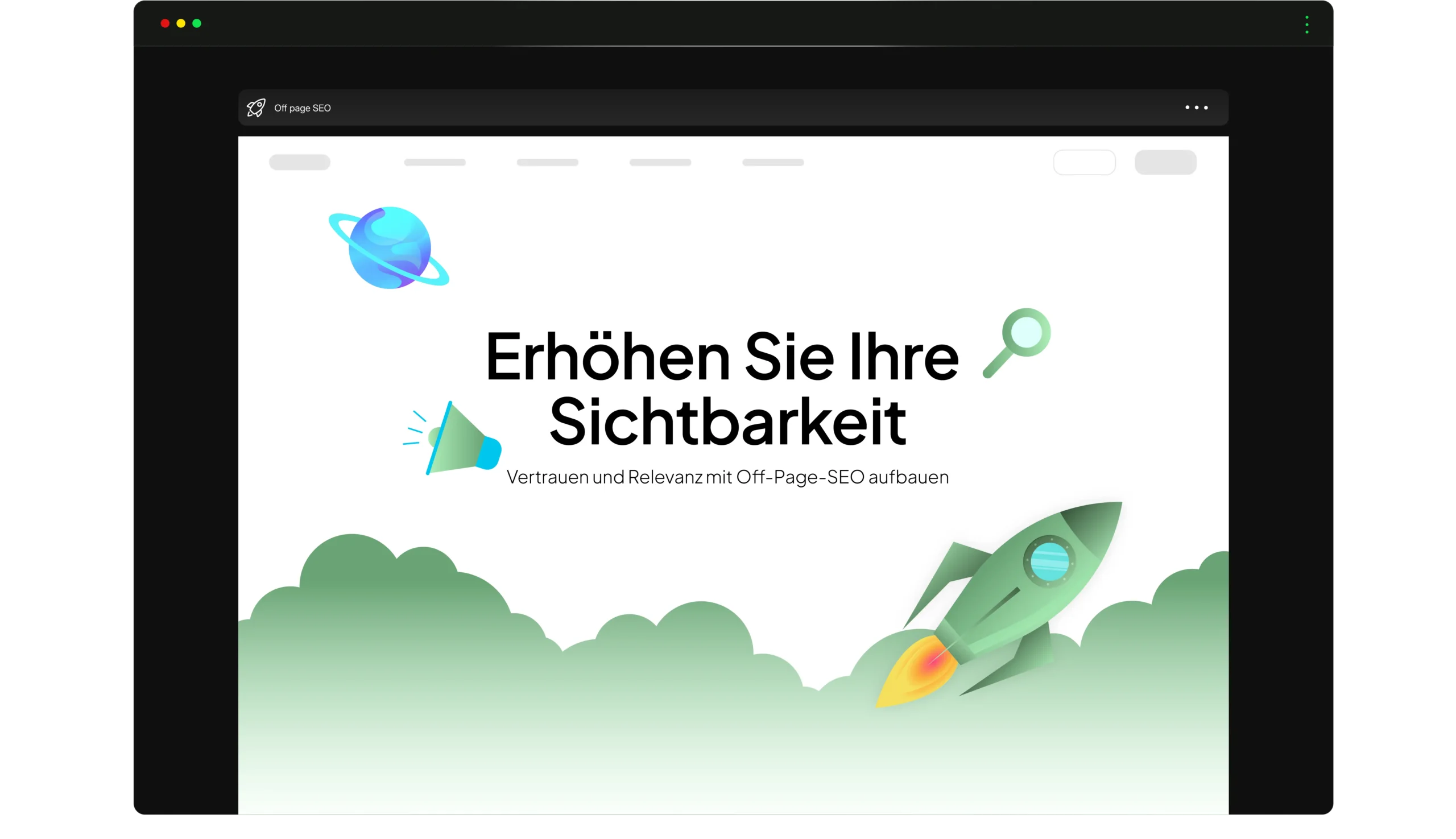 Bildschirmdarstellung mit dem Text 'Erhöhen Sie Ihre Sichtbarkeit – Vertrauen und Relevanz mit Off-Page-SEO aufbauen'. Elemente wie ein Megafon, eine Lupe und eine Rakete, die durch grüne Wolken schießt, symbolisieren die Verstärkung der Online-Präsenz durch Off-Page-SEO.